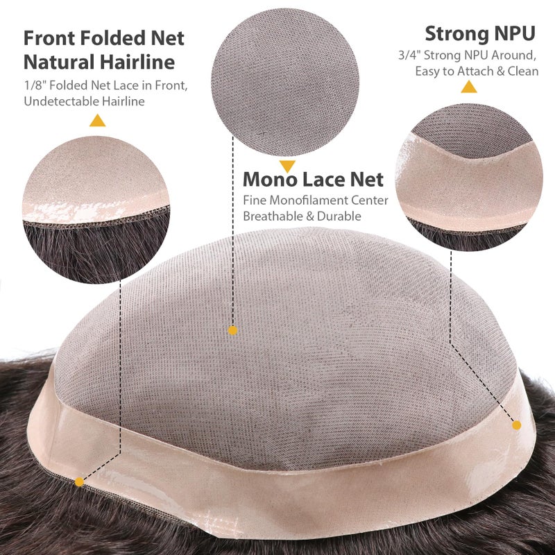 lumeng Toupee Mans Pieces and Hair System 100% Human Hair Mens Hairpiece Male Unit Mono Lace With Npu Around Lace Base Replacement 7x9 Inch 1B Off Black Strong Hold Undetectable Toupee System - Image 3